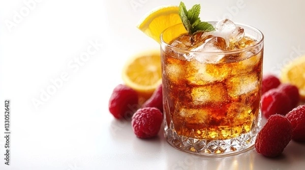 Fototapeta Refreshing iced tea with raspberries and orange slices on a white surface.  Possible use Stock photo for beverage product catalogs or social media posts