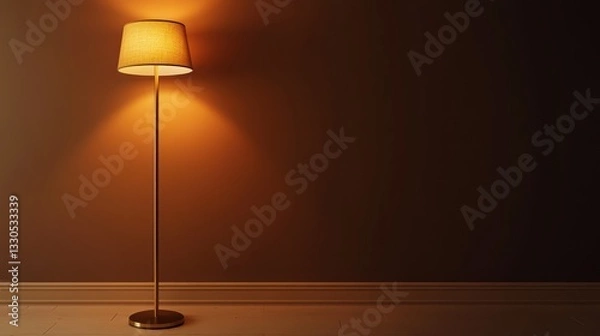 Fototapeta A tall floor lamp with a gold shade, standing in the corner of a room against a dark brown background