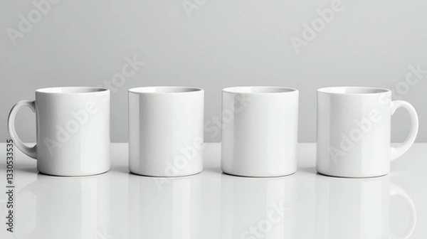 Fototapeta Four white ceramic mugs mockup arranged in a row for presentation