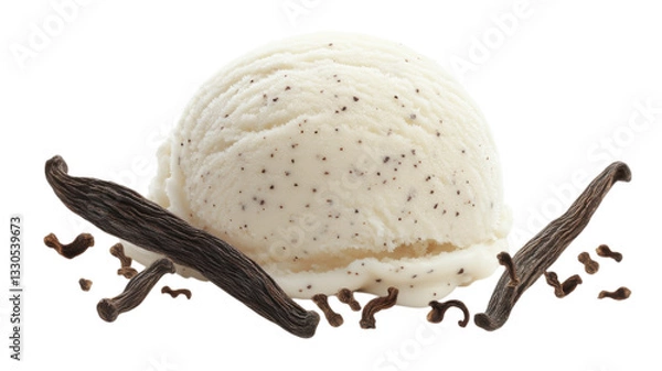 Fototapeta Creamy vanilla ice cream scoop surrounded by vanilla bean pods and specks on a white background