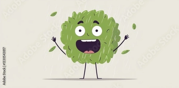 Fototapeta A happy cartoon bush character enjoying rain and falling leaves