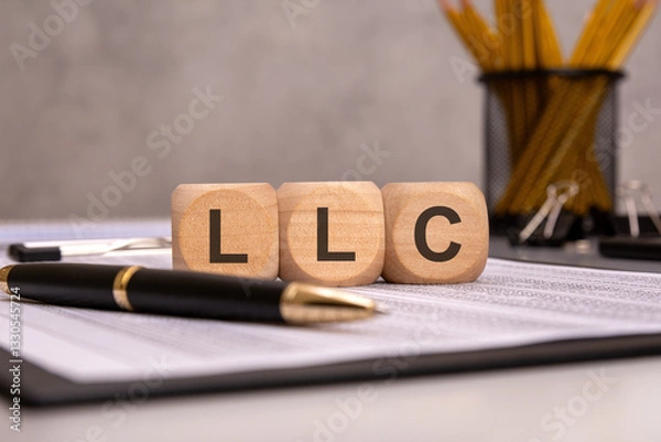Obraz wooden blocks spelling "LLC" on a desk with office documents, a pen, and stationery items