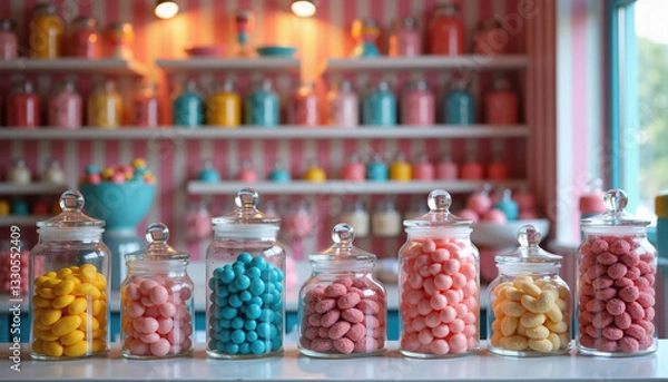 Fototapeta Colorful candy jars in retro sweet shop