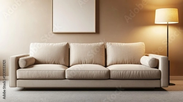 Fototapeta A beige sofa with square armrests and three cushions sits in front of light taupe-colored walls