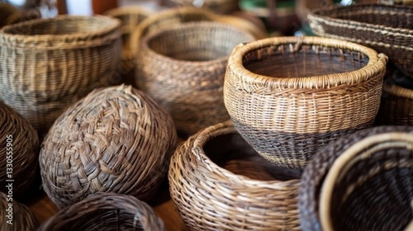 Fototapeta Collection of Handmade Woven Baskets in Various Shapes, Sizes, and Textures for Decoration or Storage in a Natural Setting