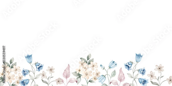 Obraz A delicate watercolor border featuring bellflowers and wildflowers in soft pastel tones of beige, dusty pink and blue. bellflowers border, clipart isolated on white, greeting card background