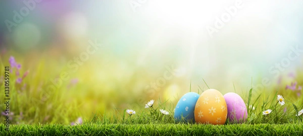 Fototapeta Three painted easter eggs celebrating a Happy Easter on a spring day with a green grass meadow, bright sunlight and a warm colour background with copy space.