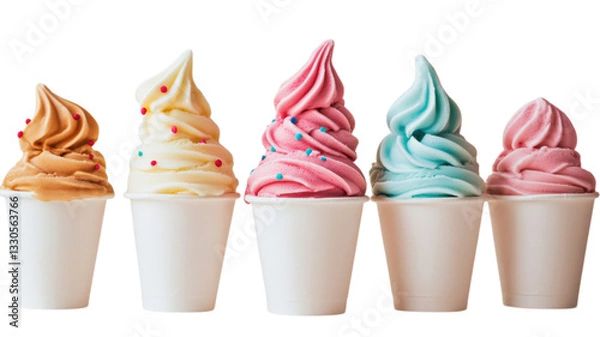 Obraz Colorful soft serve ice cream cups displayed in a row with sprinkles and smooth swirls at a summer celebration