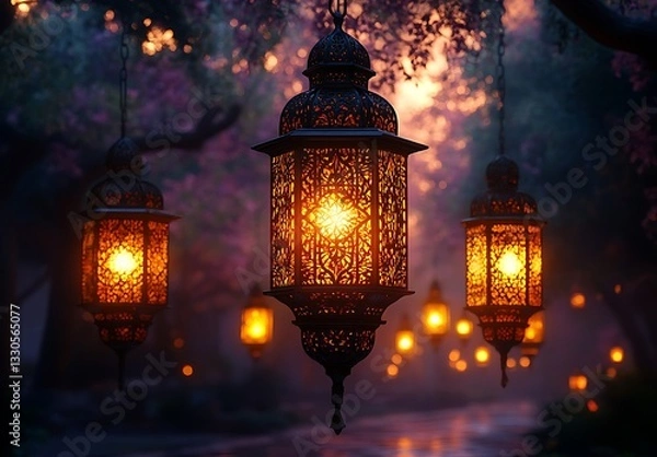 Fototapeta Hanging Lanterns Illuminate Serene Twilight Scene with Blurred Trees and Mist

