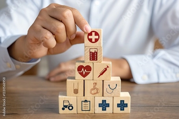 Fototapeta Health insurance and medical care concept. A set of wooden blocks displaying health-related icons, medical care, health insurance, and medication. healthcare services, protection, insurance coverage,