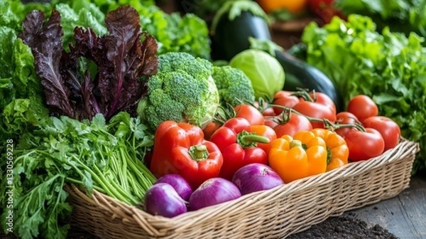 Obraz Freshly picked vegetables from the garden, ready to cook. They're grown naturally and without chemicals. Eating healthy and fresh is part of a sustainable lifestyle.