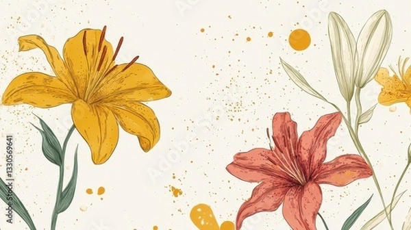 Obraz Elegant Lilies: A Botanical Illustration of Yellow and Coral Lilies