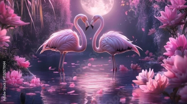 Fototapeta In a magical, moonlit lake surrounded by vibrant pink flowers, a pair of elegant flamingos stand close together, their delicate feathers shimmering in the ethereal glow.