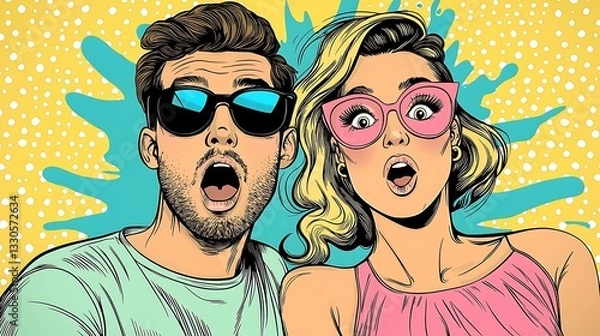 Fototapeta Couple stunned, surprised, bright pop art backdrop