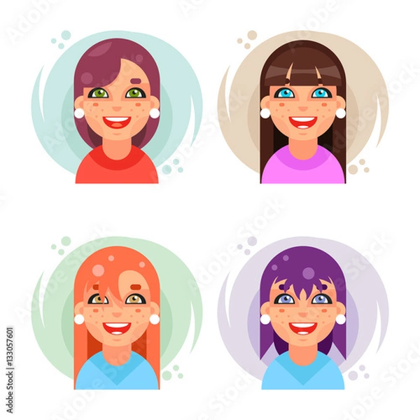 Fototapeta Cute girl avatar icons set flat design vector illustration