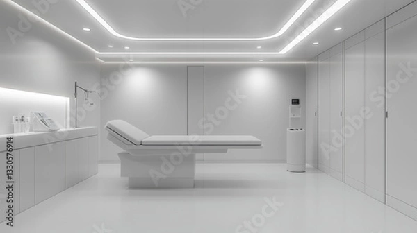 Fototapeta A minimalist interior of a modern medical room with an examination bed and white walls. The space is clean, well-lit, and designed for diagnostics or procedures.
