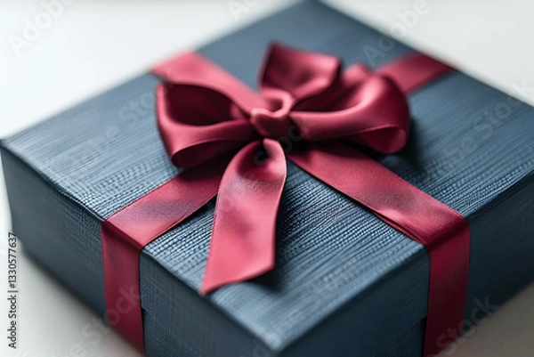 Fototapeta elegant gift packaging, navy gift box with a red ribbon elegantly displaying a seamless design on a white backdrop