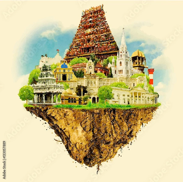 Fototapeta CHENNAI city on floating land vector water color illustration