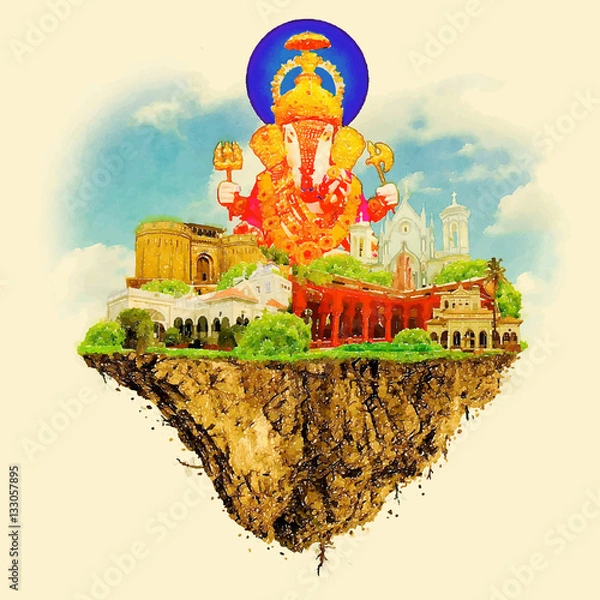 Fototapeta PUNE city on floating land vector water color illustration