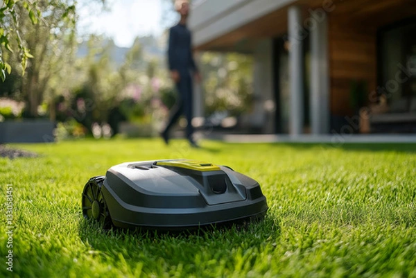 Obraz robotic lawnmower cutting grass in a yard with person blurred in background.