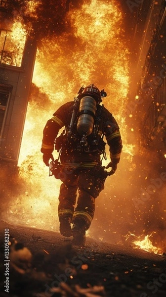 Fototapeta A firefighter, equipped with protective gear, dashes into a burning building.