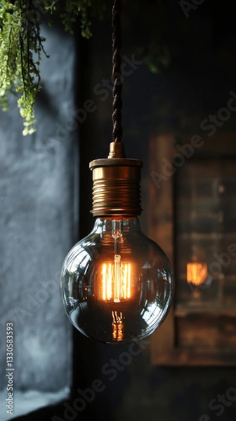 Fototapeta Round led light bulb hanging from the ceiling with blurred background in vintage style with copy space