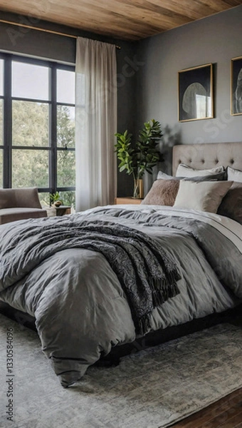 Fototapeta Spacious and elegantly designed bedroom with soft bedding and minimalist decor inviting relaxation and comfort.