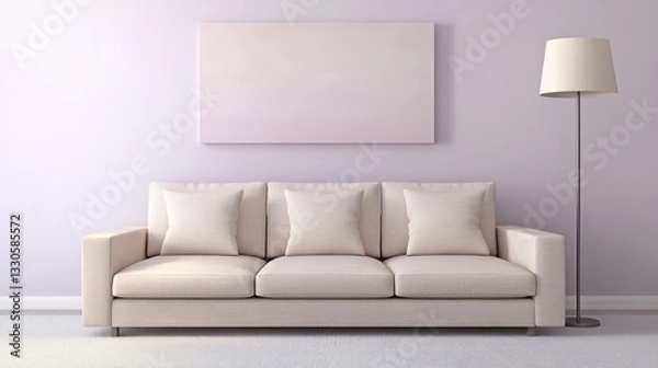 Fototapeta A neutral beige sofa with square armrests and three soft cushions, positioned in front of pale lavender walls