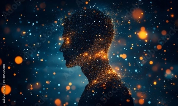 Fototapeta a silhouette of a person surrounded by glowing particles, representing mind, technology, and the digital world.