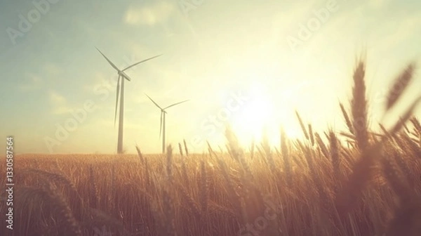 Fototapeta Tranquil Landscape with Wind Turbines and Golden Wheat Fields