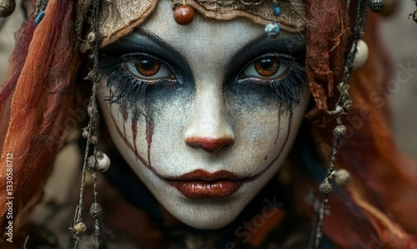 Fototapeta a close-up portrait of a woman in a clown-like costume.