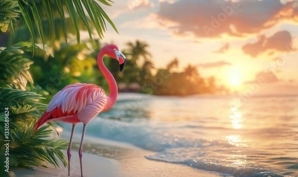 Fototapeta a flamingo standing on a beach with palm trees and the sunset.