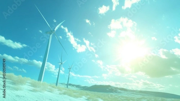 Fototapeta Wind Turbines Against Bright Sky and Cloudy Landscape in Daylight
