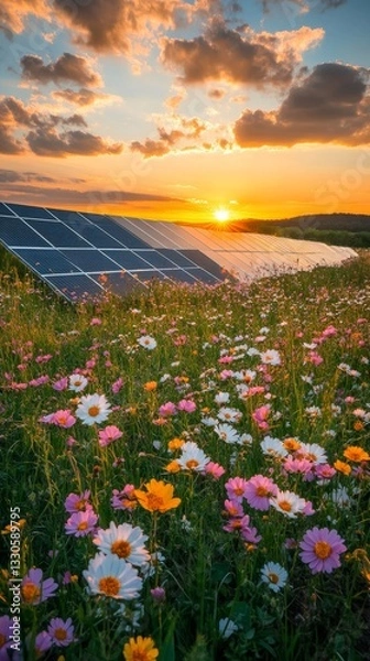 Obraz solar panels surrounded by colorful flowers under sunset.