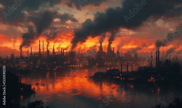 Fototapeta a cityscape with factories billowing smoke, sunset reflection on the water.