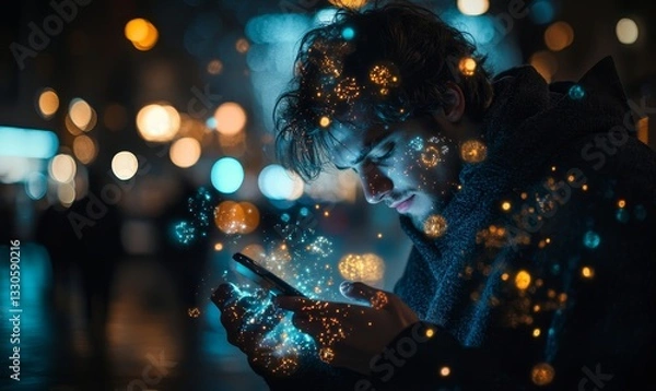 Fototapeta a person using a mobile phone with glowing effects at night.