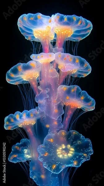 Obraz a group of jellyfish with blue and orange bioluminescent color.