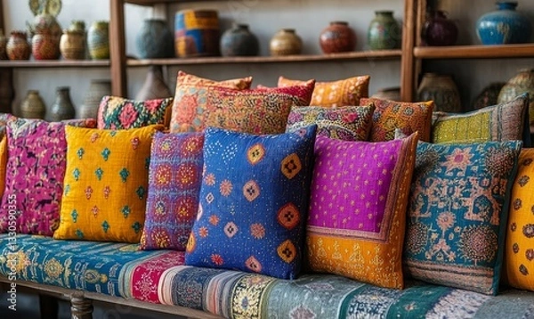 Obraz a collection of decorative pillows arranged on a long bench.