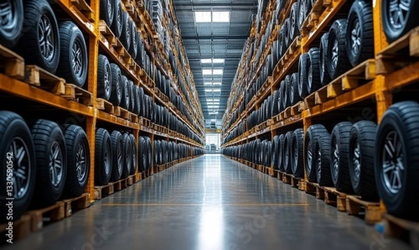 Obraz warehouse filled with organized rows of tires