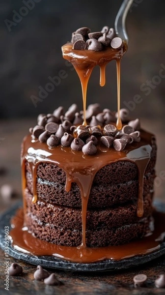 Obraz a close-up of a layered chocolate cake with chocolate chips and caramel sauce.