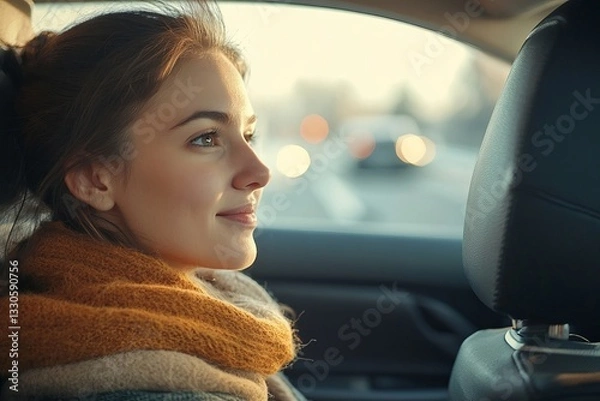Obraz a young woman with a scarf in the car.