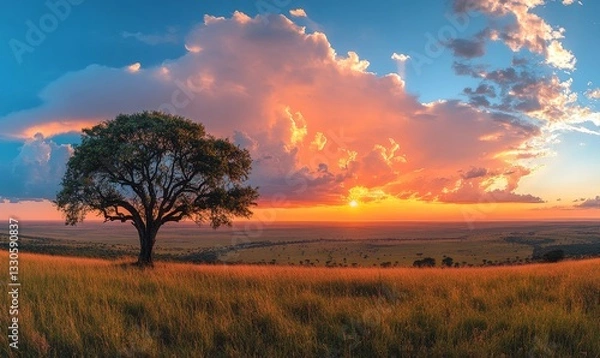 Obraz a lone tree silhouette against a vibrant sunset sky and dramatic clouds