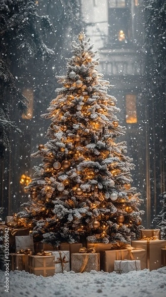 Obraz a Christmas tree with gifts in a snowy night