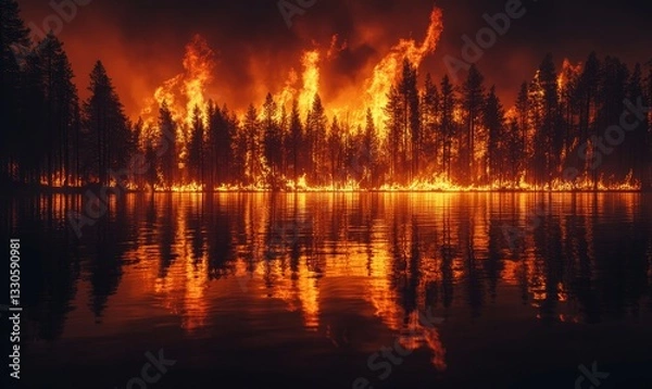 Obraz a raging wildfire consumes a forest, reflected in a calm lake.