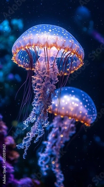 Obraz two jellyfish swimming in dark water.