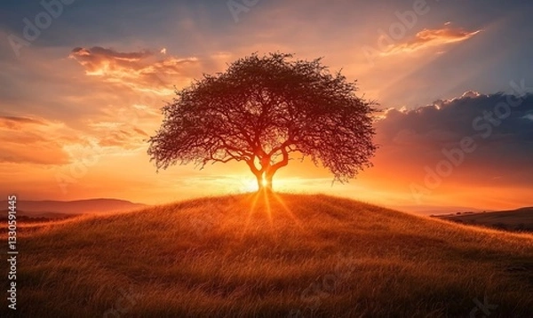 Obraz a tree silhouetted against a sunset on top of a hill