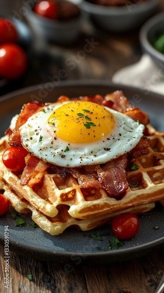 Obraz a waffle topped with a fried egg, bacon, and cherry tomatoes on a plate.