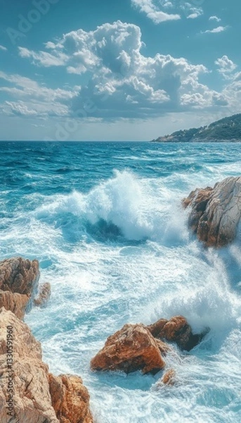 Obraz a scenic view of ocean waves crashing against the rocky coast.