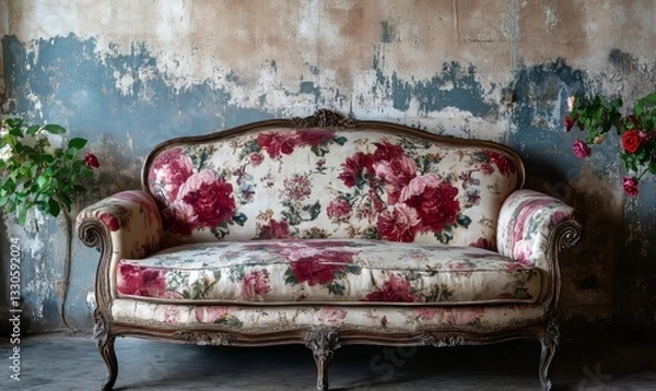 Obraz an antique floral patterned sofa in front of a rustic wall.