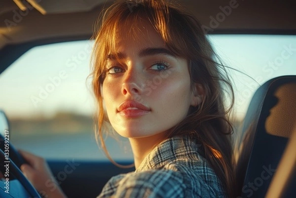 Obraz a woman looking over her shoulder while driving.